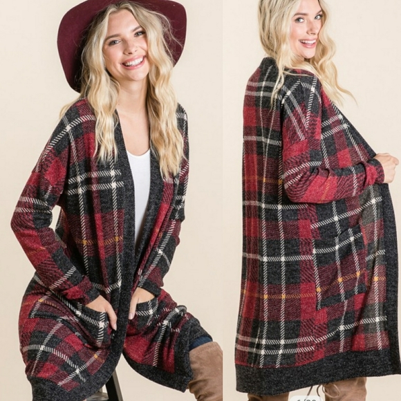 Red Plaid Open Cardigan S-L - Picture 2 of 5